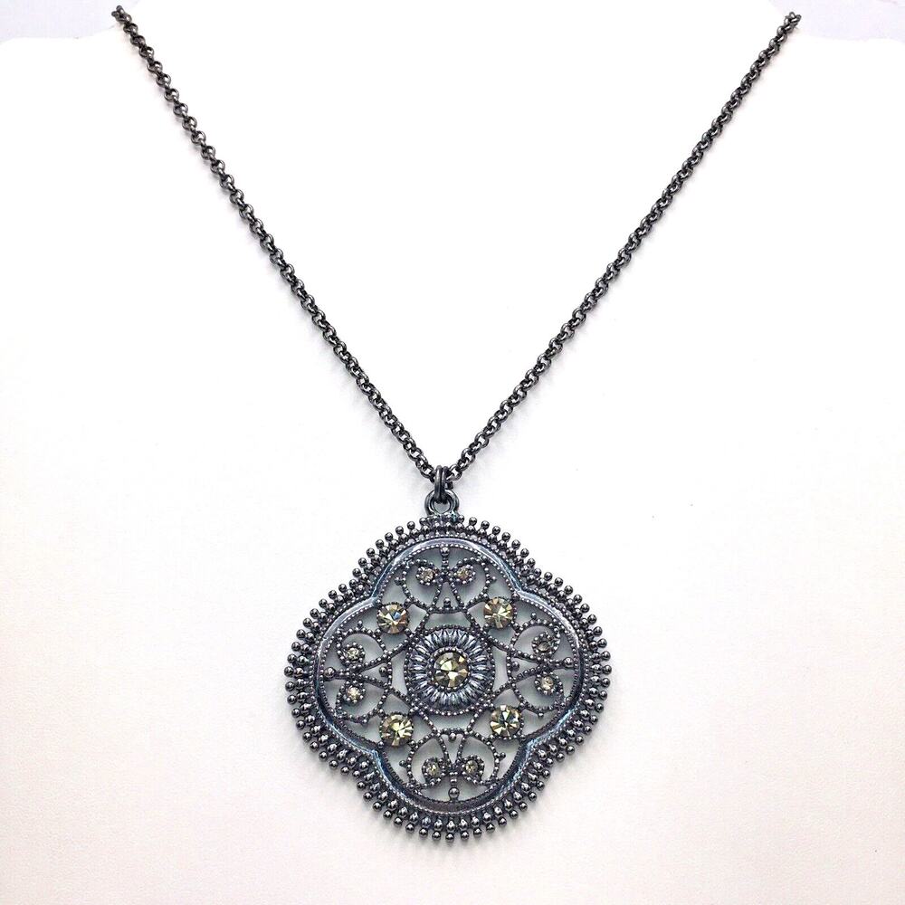 Signed Express Black Metal Faux Smoky Quartz Filigree Medallion Pendant Necklace
